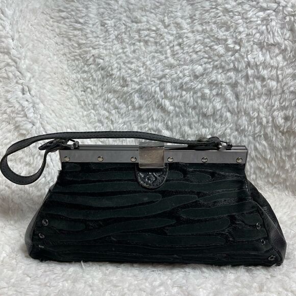 Patricia Nash Black leather & calf hair zebra Stripes silver tone frame Satchel - Picture 2 of 16
